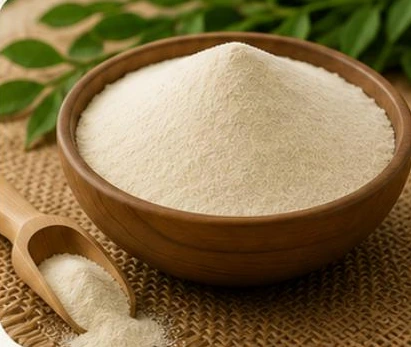 Guar gum powder in a wooden bowl with a scoop, from the supplier catalog